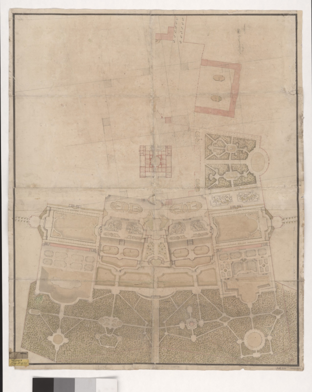 Ein detaillierter Stadtplanentwurf mit zahlreichen Gebäuden, mit einem prominenten zentralen Gebäude und begleitendem beschreibendem Text.