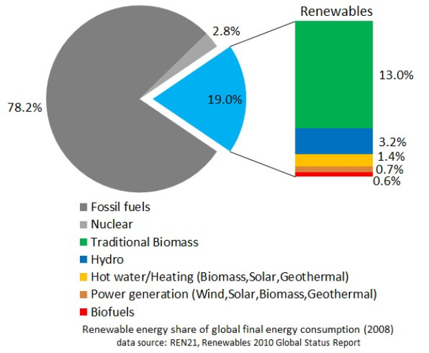 Ein Kreisdiagramm, das den globalen erneuerbaren Energieverbrauch im Jahr 2008 darstellt, unterteilt nach Energiequellen wie fossile Brennstoffe, Kernenergie, Hydro, Heißwasser, Heizung, Biomasse, Solar, Geothermie und Biokraftstoffe.