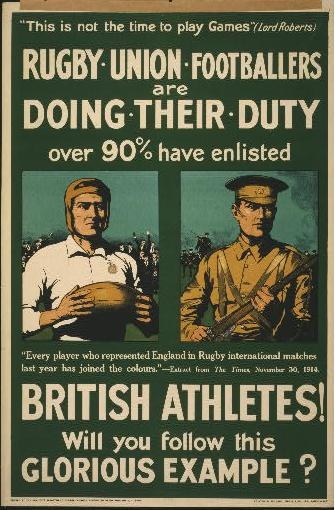 Plakat mit zwei Rugbyspielern in Uniform mit Text über britische Athleten, die ihren Dienst tun.