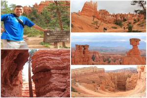 Ein bearbeitetes Foto mit historischen Monumenten, Baumen, einer Gruppe von Menschen, einer Tafel, Skulpturen, Felsen und dem Himmel.