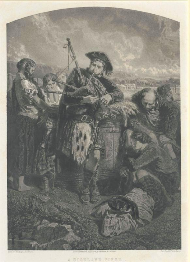 Schwarz-weißes Gravur eines Mannes, der vor einem Publikum eine Dudelsackpfeife spielt, mit dem Text "Ein Highland-Pfeifen" unten.