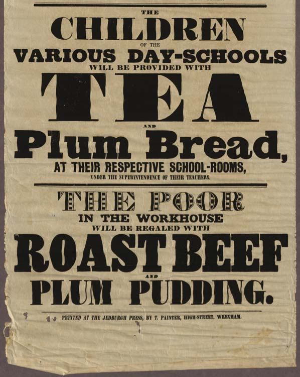 Ein Blatt Papier mit der Aufschrift "Die Kinder der verschiedenen Tagesschulen erhalten Tee, Pflaumenbrot und Rinderbraten und Pflaumenpudding"