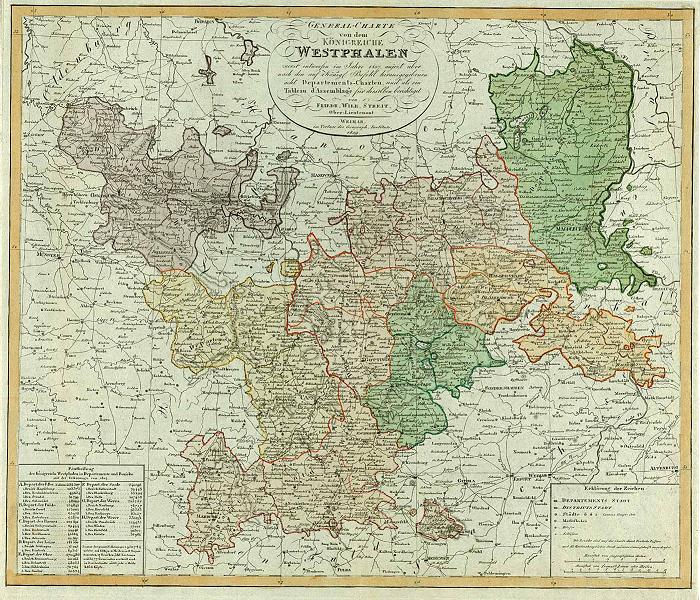 Eine alte Deutschlandkarte mit hervorgehobenen Provinzen von Westfalen, gerahmt und mit beschreibendem Text.