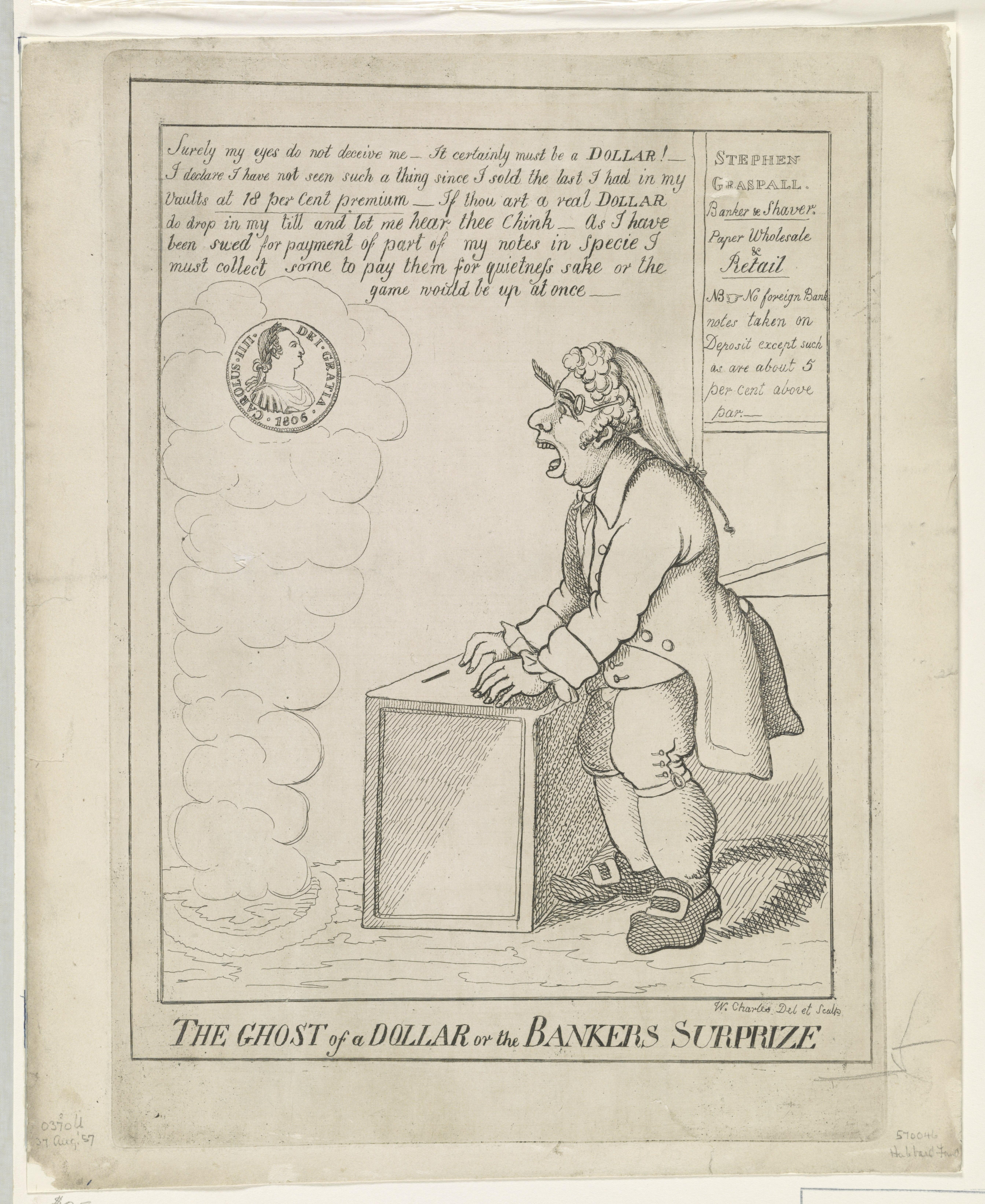 Eine Zeichnung einer Person, die vor einer Kiste steht und ängstlich nach oben schaut, mit dem Text "The Ghost of a Dollar or the Bankers Surprize" darüber.