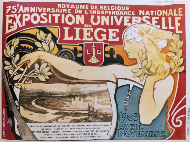 Plakat zum 75-jährigen Jubiläum der Nationalen Ausstellung Universelle de Liège, das eine Frau mit Blumenstraßus zeigt und Textbeschriftung.