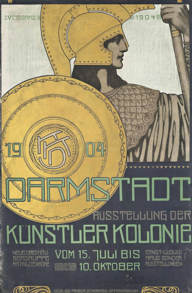 Plakat für ein 1904er Berlin-Konzert mit einem Helmbekleideten, der ein Schild hält, mit fetter Schrift «Darmstadt» und «Kuenstler Kolonie»
