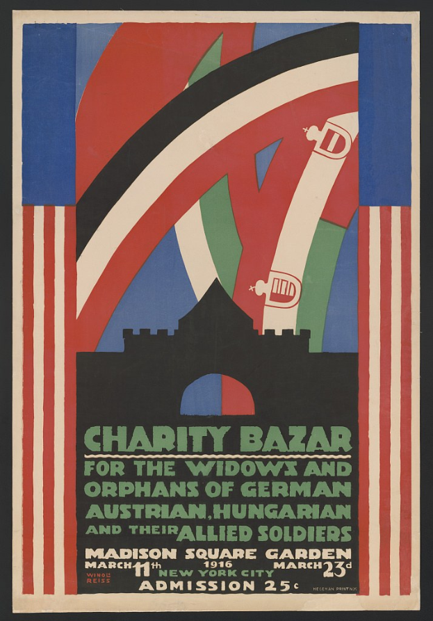 Charity-Bazaar-Plakat für die Witwen und Waisen deutscher, australischer, ungarischer und alliierter Soldaten, mit Veranstaltungsdetails im Text.