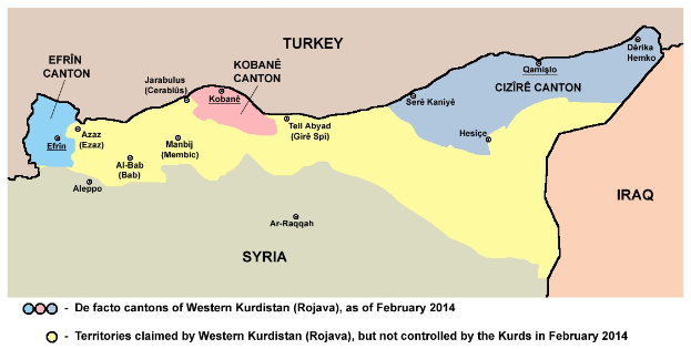 Detailierte Karte von Syrien und dem Irak, die das Ausmaß des Konflikts zeigt, einschließlich Grenzen, wichtigen Städten, Gewässern und relevanten Textinformationen.
