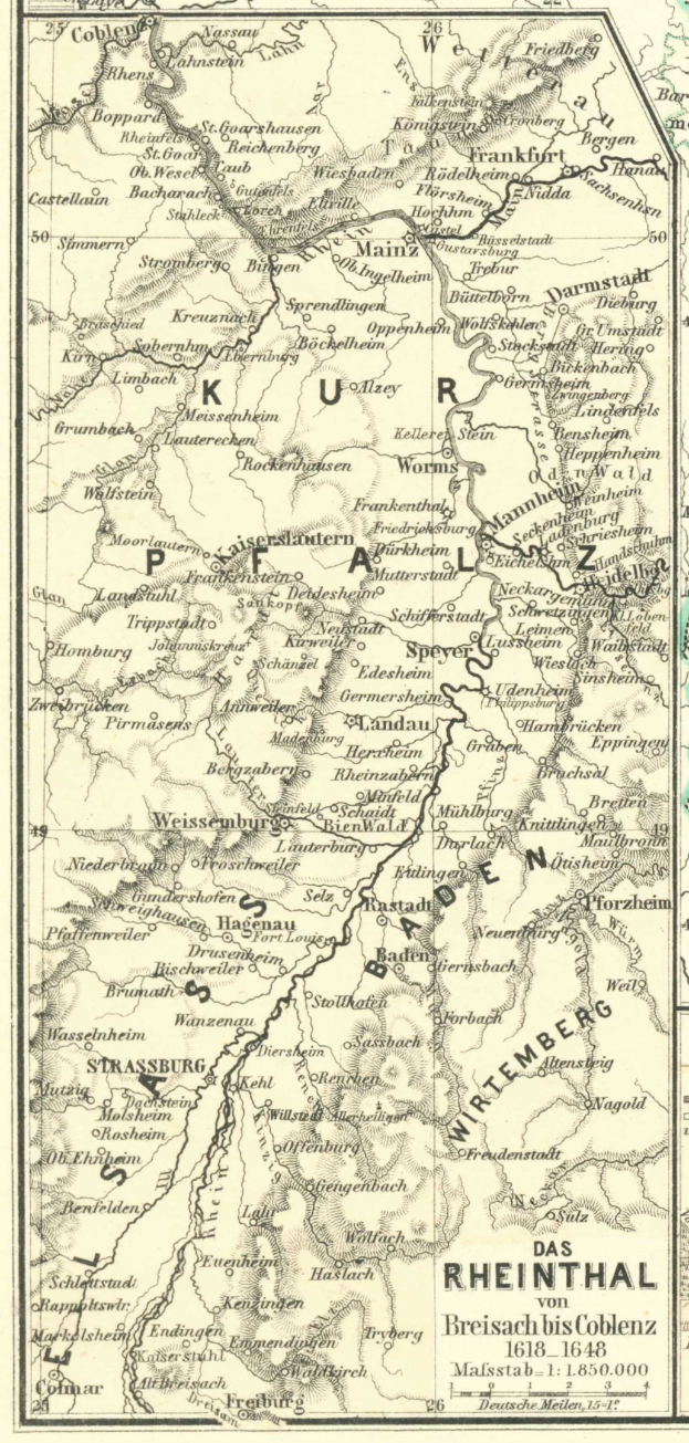 Ein detailliertes altes Kartenbild des Rheins in Deutschland, das Flüsse, Städte und geografische Merkmale zeigt, mit Text oben und unten auf dem Papier.