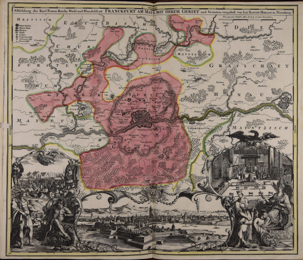 Ein altes Buch mit einer Deutschlandkarte in der Mitte, umgeben von Illustrationen und Texten, die einen klassischen Look vermitteln.