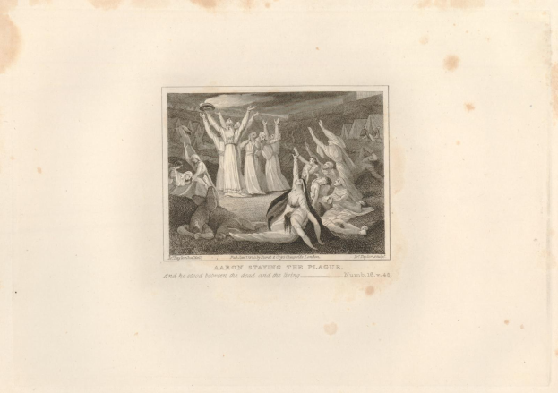 Schwarze und weiße Radierung mit dem Titel 'Aaron Staying the Plague', die verängstigte Menschen in einem Feld unter einem tiefblauen Himmel mit einem untergehenden Sonnen zeigt, einige schauen ängstlich nach oben und andere in Verzweiflung nach unten.