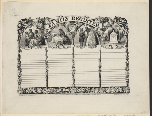 Schwarzes und weißes Familienstammbuch mit einem Gruppenfoto in der Mitte und handgeschriebenem Text, der Familiendaten enthält.