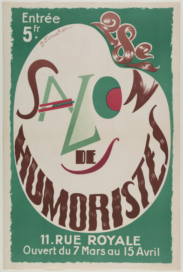 Plakat, das eine Humoristenshow in Paris, Frankreich, ankündigt und Text, der die Angebote beschreibt.