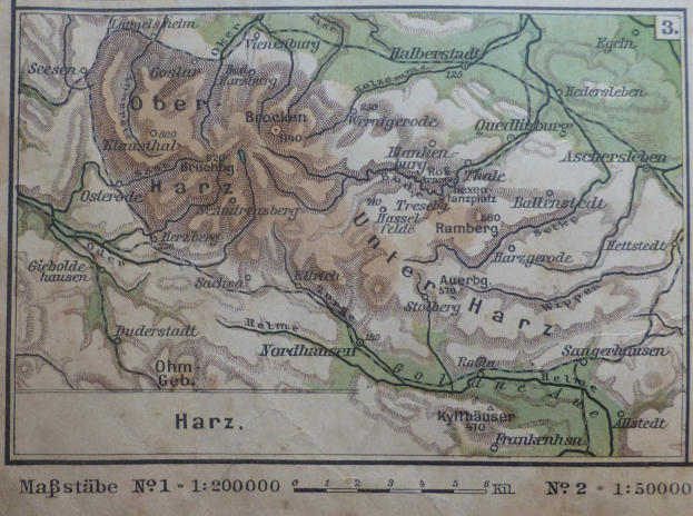 Alte detaillierte Karte von Harz, Deutschland, mit Text und Zahlen oben und unten, zeigt Straßen, Gebäude und Sehenswürdigkeiten.