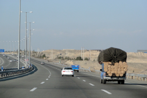 Ein Holzlaster mit einer großen Ladung Holz fährt auf einer Autobahn, umgeben von Leitplanken, Laternen, Schildern, Bäumen und Sand, mit Hügeln und einem klaren blauen Himmel im Hintergrund.