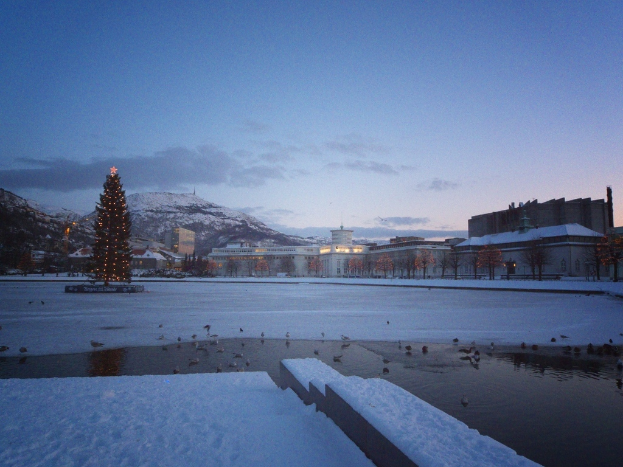 Eine Stadtansicht mit Gebäuden, Häusern und Bäumen auf beiden Seiten, einem Weihnachtsbaum mit Lichtern auf der linken Seite, Bergen und Schnee im Hintergrund, einem bewölkten Himmel darüber und einem Gewässer mit ein paar Vögeln unten.