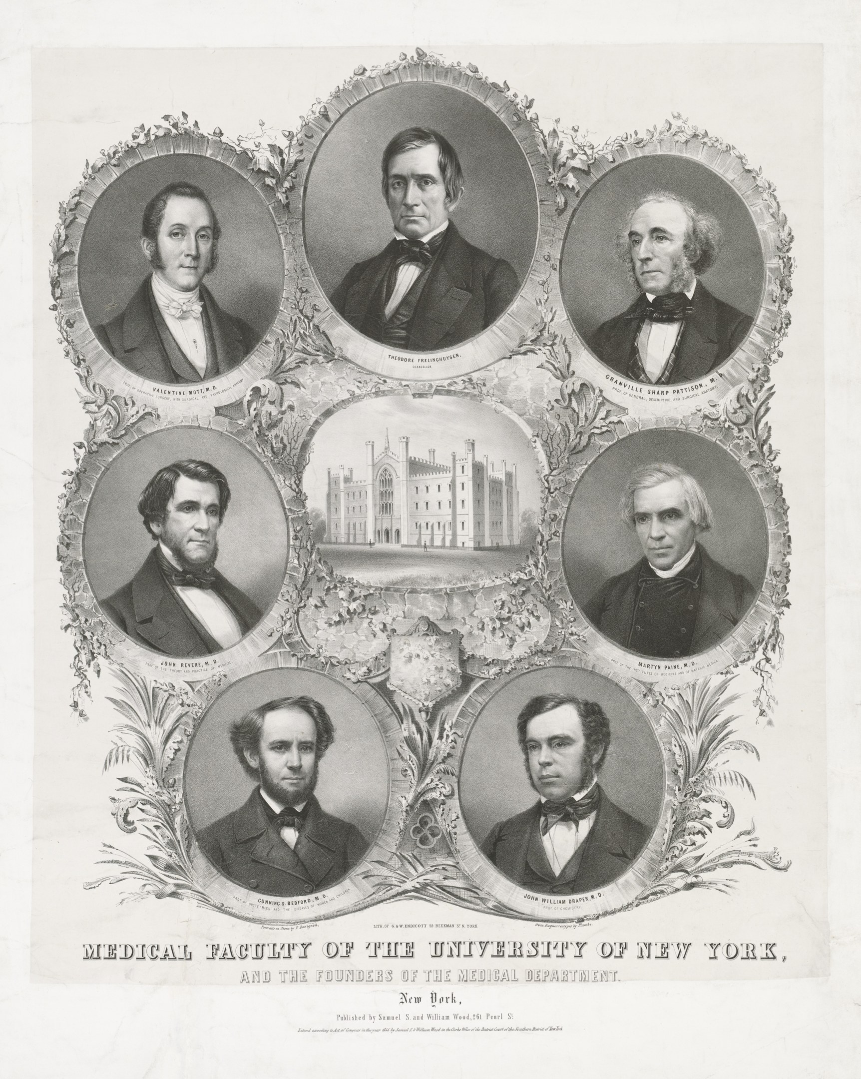 Schwarzes und weißes Foto von formell gekleideten Männern, die vor einem Gebäude stehen, mit Text unten, der "Medizinische Fakultät der Universität New York und die Gründer des Medizinischen Departments" lautet.