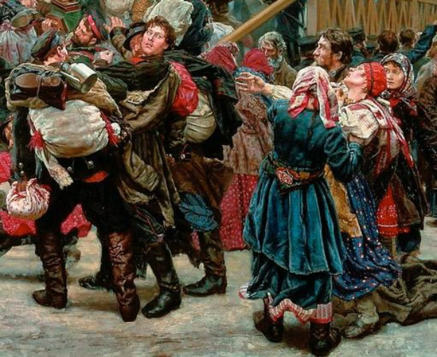 Gemälde von Menschen in traditioneller russischer Kleidung, die vor einer Menge tanzen, einige halten Gegenstände, mit einem Holzhaus im Hintergrund, das eine lebhafte Szene aus der russischen Revolution vermittelt.