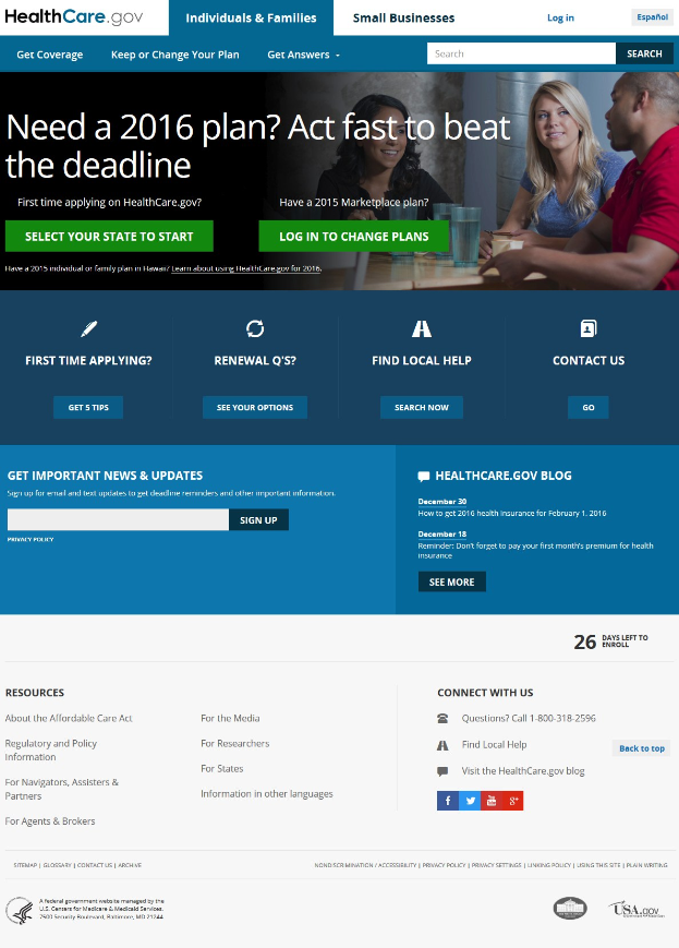 Seite der HealthCare.gov-Website, die eine Gruppe von Menschen zeigt, die um einen Tisch sitzen und Gläser und andere Gegenstände haben, mit dem Titel und informativen Text der Website.