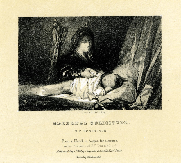Eine Frau in einem weißen Kleid sitzt auf einem Bett und hält ein Baby nah an ihrer Brust, beide scheinen friedlich und zufrieden, mit dem Text "Maternal Solitude by R.P. Bonington" unten.