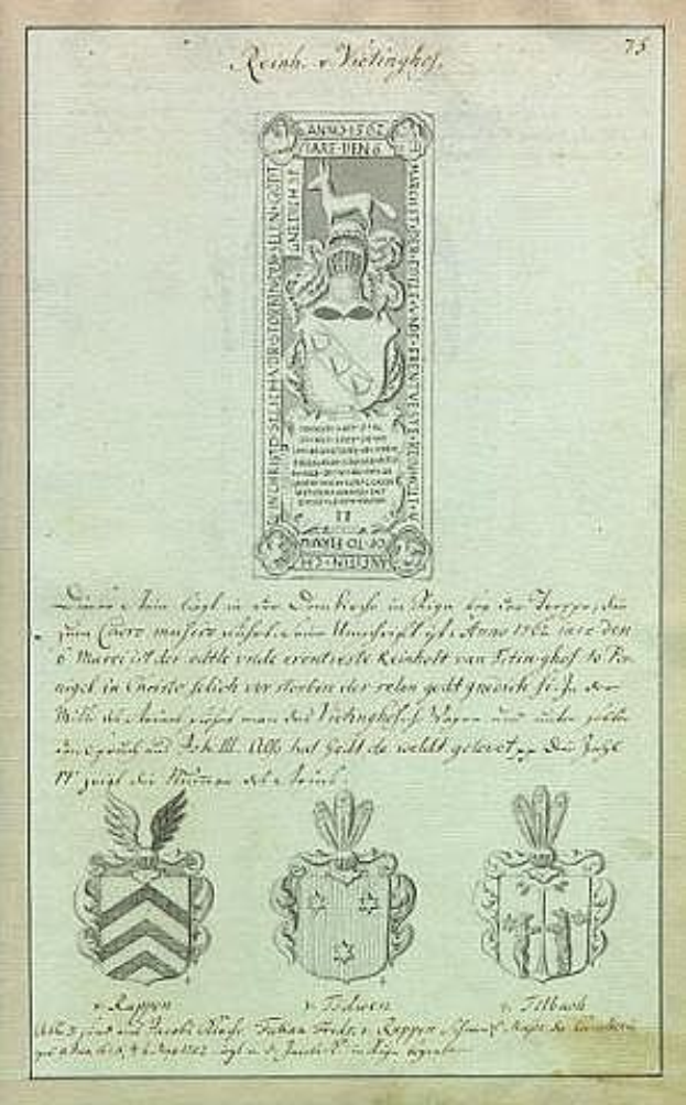 Ein altes Buch mit dem Wappen einer 17. Jahrhundert deutschen Familie und begleitenden Text und Bildern zur Familiengeschichte und -kultur.
