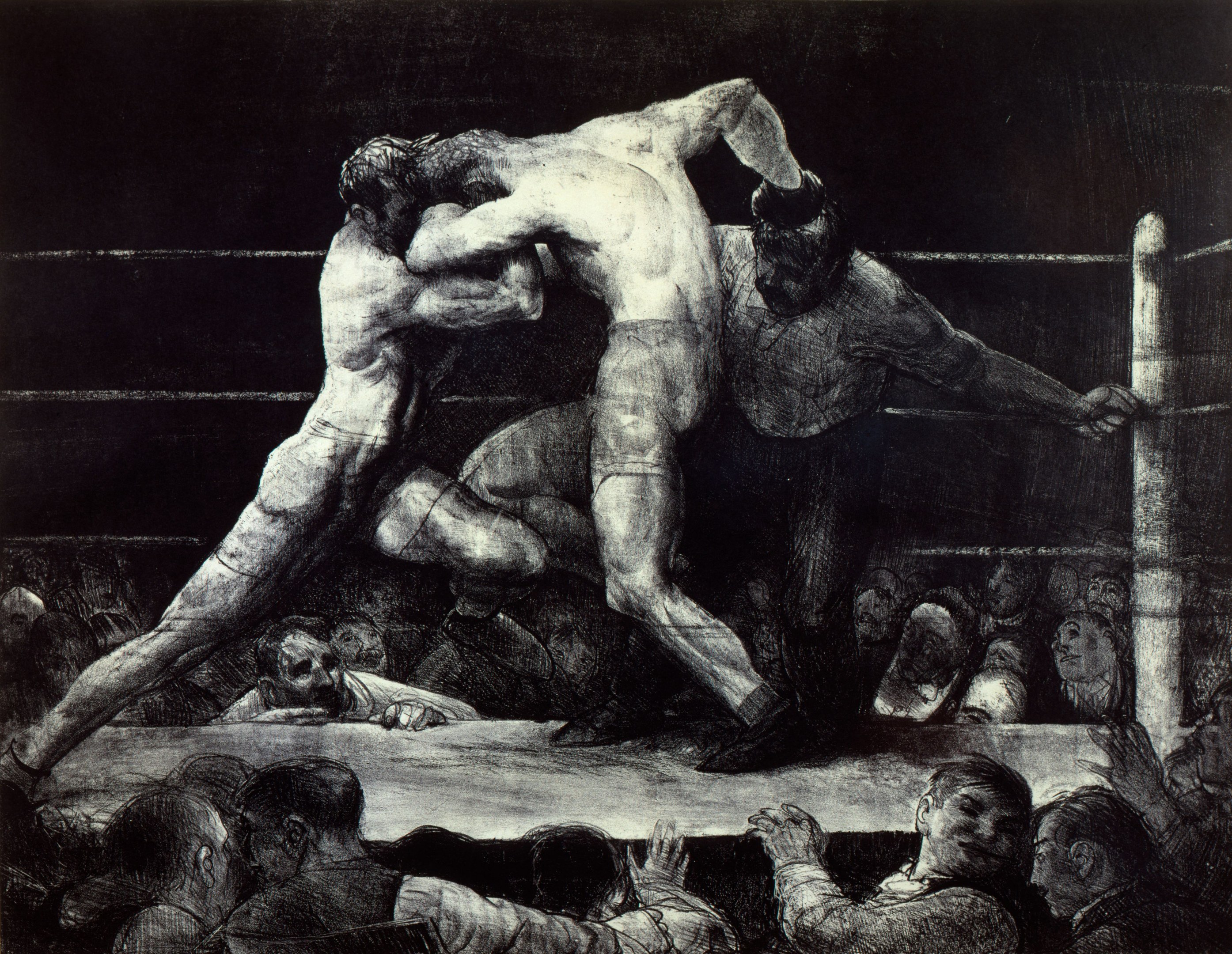 Schwarz-weiß-Zeichnung von zwei Boxern im Ring, einer schlägt zu, während der andere sich verteidigt, mit einer jubelnden Menge im Hintergrund.