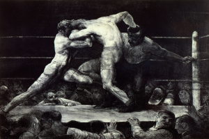 Schwarz-weiß-Zeichnung von zwei Boxern im Ring, einer schlägt zu, während der andere sich verteidigt, mit einer jubelnden Menge im Hintergrund.