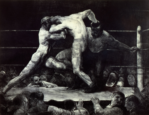 Schwarz-weiß-Zeichnung von zwei Boxern im Ring, einer schlägt zu, während der andere sich verteidigt, mit einer jubelnden Menge im Hintergrund.