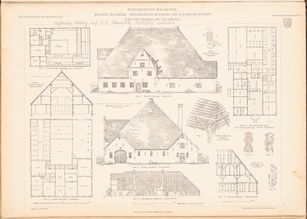 Ein altes Buch mit einer Zeichnung eines Hauses auf dem Cover, das detaillierte Pläne und Text zum Haus enthält.