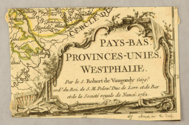 Ein altes, detailliertes Kartenblatt von Westphalens Provinzen auf Papier, das geographische Merkmale wie Flüsse, Berge und Städte zeigt, mit begleitendem Text.