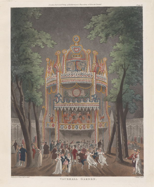 Gemälde einer Karussell in Vauxhall Gardens, London, 1775, umgeben von Bäumen und Menschen mit Text unten.