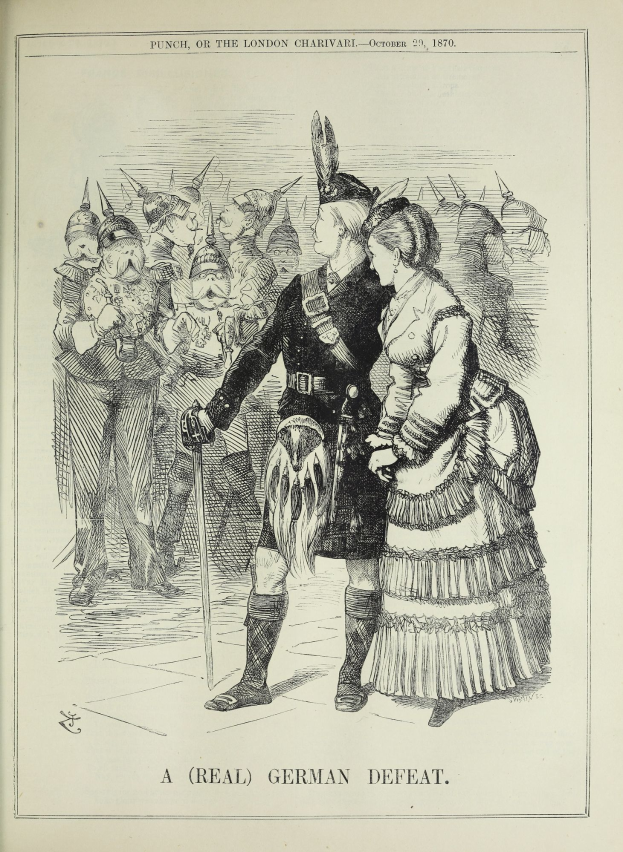 Ein Mann und eine Frau stehen auf einem Papier mit Wörtern und Zahlen, möglicherweise ein Hinweis auf eine deutsche Niederlage, während der Mann einen Stock hält und sie eine Menge anschauen.