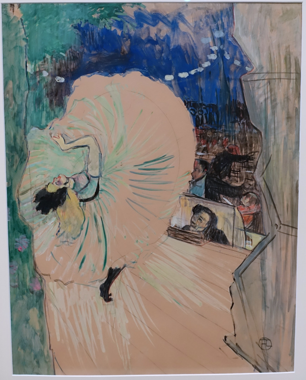 Gemälde mit dem Titel 'Tanz an der Oper' von Edgar Degas, das eine Frau in einem grünen Kleid zeigt, die auf einer Bühne tanzt, mit einem Publikum im Hintergrund, dargestellt mit sichtbaren Pinselstrichen und leuchtenden Farben.