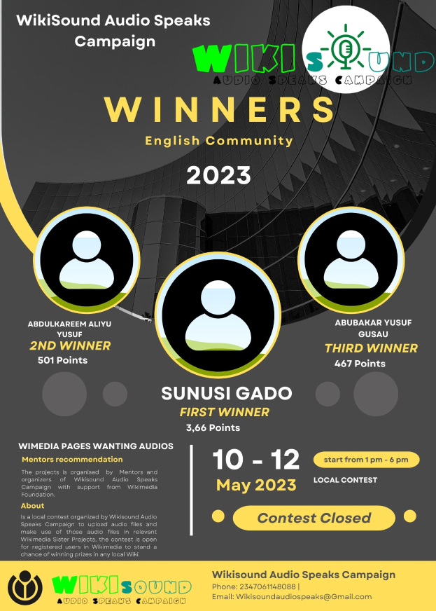 Ein buntes Plakat mit einem blauen Hintergrund und gelber und weißer Schrift, die in fetter Schrift "Gewinner" lautet, mit lächelnden Menschen in der Mitte.