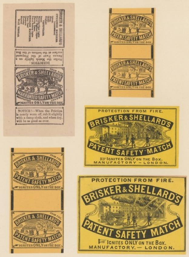 Papier mit mehreren kleineren angehefteten Papieren, jedes mit dem Text "Brisker & Shellard's Patent Safety Match".