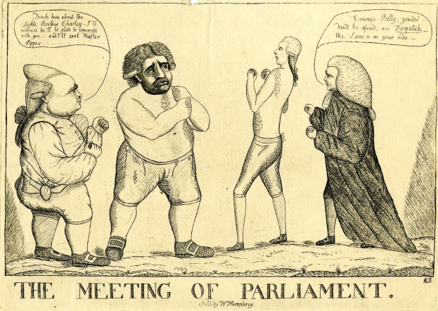 Eine Zeichnung von drei Personen, die stehen und diskutieren, mit einer Person, die animiert gestikuliert, und der Titel "Die Parlamentssitzung" darunter.