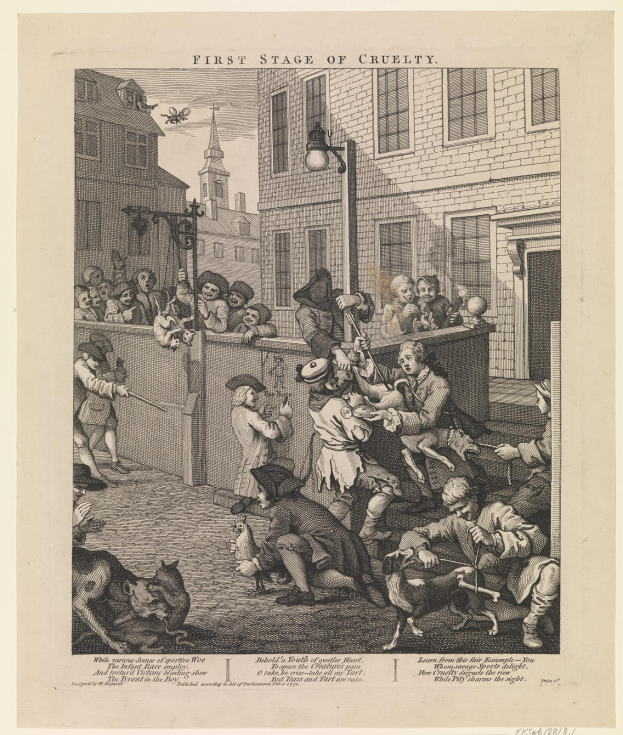 Gruppe von Menschen und Tieren versammelt sich vor einem Gebäude mit Fenstern, einem Lichtmast und einem Himmel im Hintergrund, mit dem Text "Erste Stufe der Grausamkeit" unten.