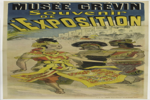 Ein lebendiger Plakatwerbung für das Museum Grevin Souvenir de l'Exposition in Paris, mit tanzenden Menschen im Vordergrund und einem Gebäude und einem Baum im Hintergrund.
