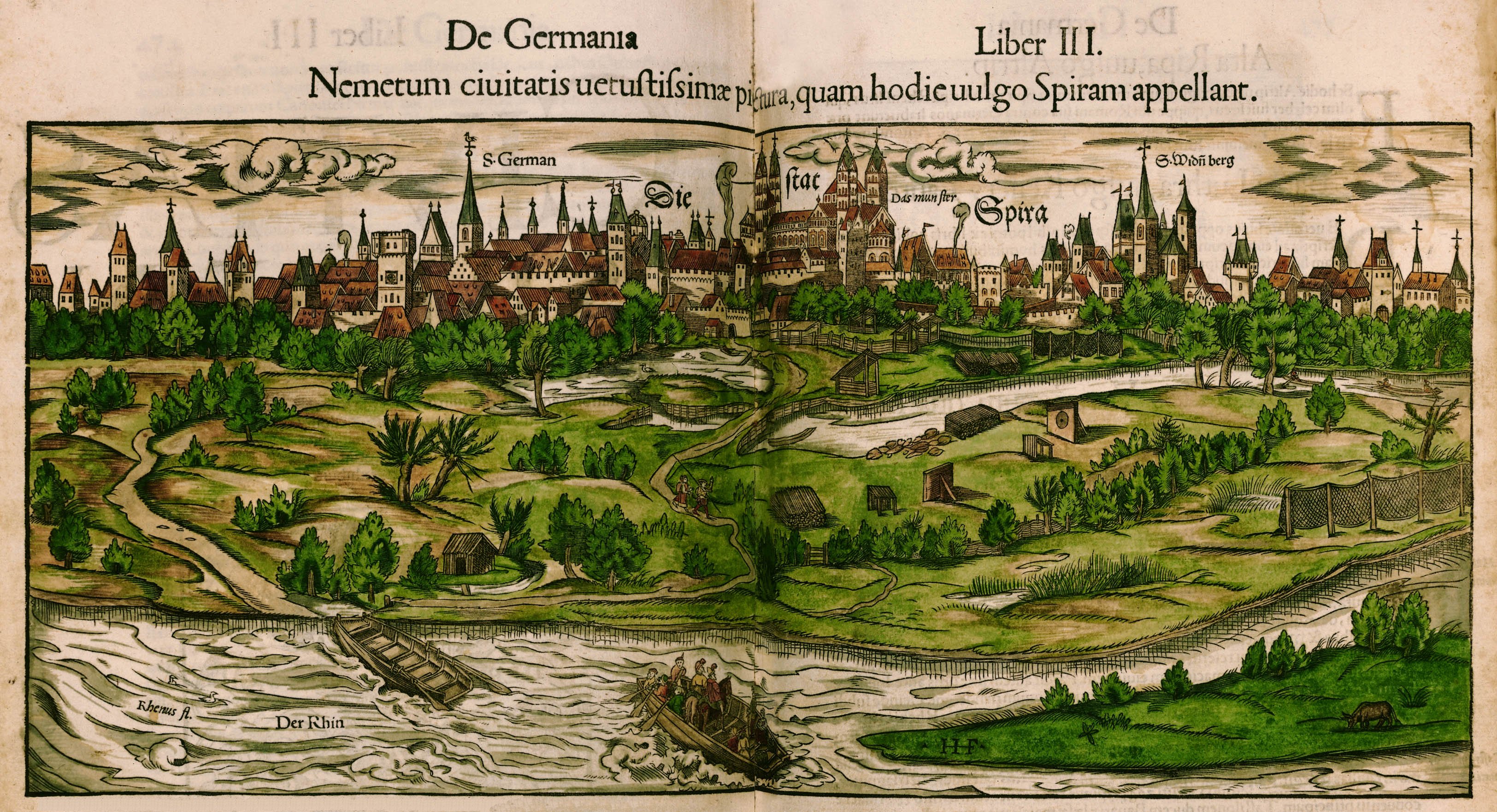 Ein aufgeschlagenes Buch mit einer detaillierten Stadtansicht, diegrüne Bäume, hohe Gebäude, ruhiges Wasser, kleine Boote und dekorativen Text zeigt.