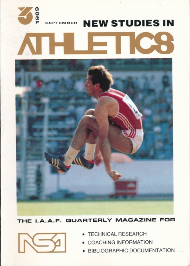 Buchumschlag betitelt "New Studies in Athletics September 1989" mit einem Bild eines Mannes in der Luft.