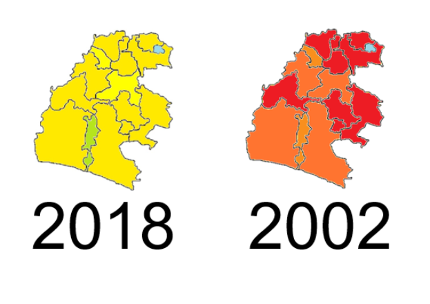 Eine Deutschlandkarte mit den Bundesländern von 2018 und 2002 in Gelb, Rot und Orange auf einem weißen Hintergrund mit Text.