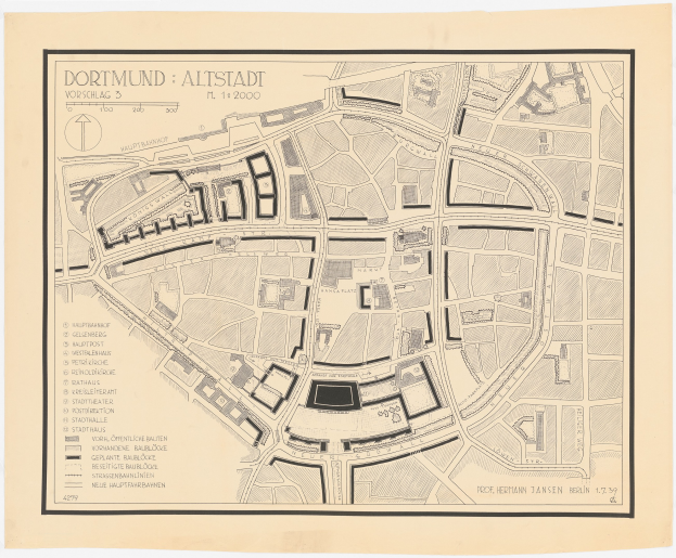 Ausführliche alte Karte von Dortmund, Deutschland, die Stra├čen, Geb├Ąude und Landmarken mit wei├čem Hintergrund zeigt.