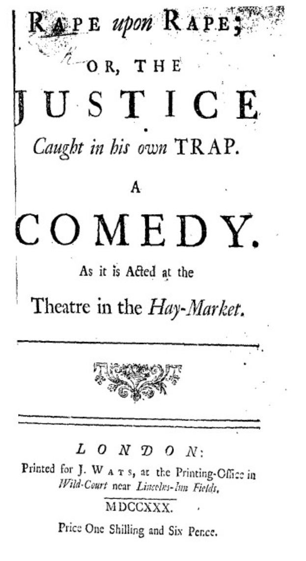 Schwarzes und weißes Poster mit der Aufschrift "Vergewaltigung auf Vergewaltigung oder die Justiz in seiner eigenen Falle" in fetter schwarzer Schrift, wahrscheinlich Ankündigung einer Comedy-Show.