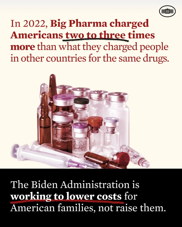 Plakat, das zeigt, dass Big Pharma 2022 Amerikaner zwei bis drei Mal so viel für dieselben Medikamente berechnet hat wie andere Länder, mit Bildern von Medikamentenflaschen und einer Spritze.